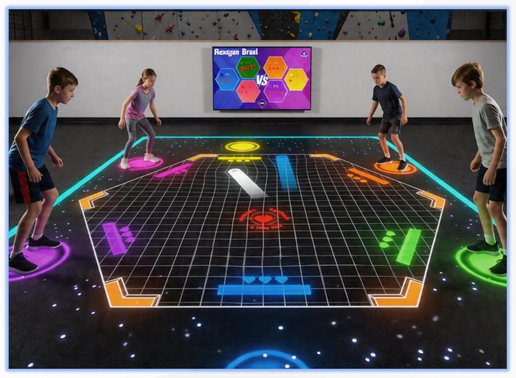 Players competing on an AR interactive floor projection game