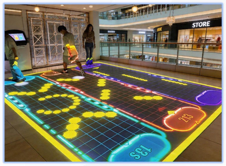 Visitors playing an AR floor game inside a shopping mall atrium