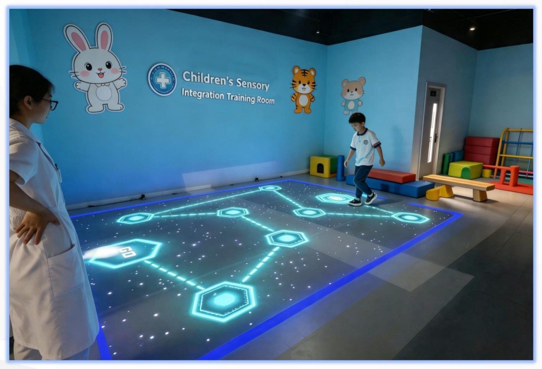 A child completing a sensory integration AR floor game with a therapist