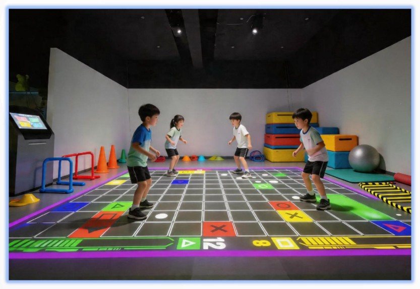 Children playing an AR floor game as part of a school fitness lesson