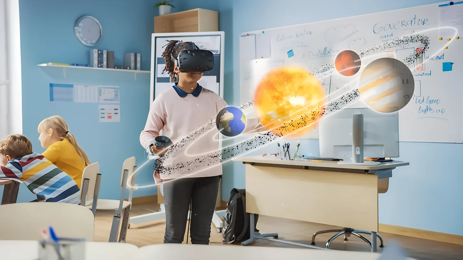 A classroom pilot of digital technology in education: a student in a VR headset while classmates follow the lesson