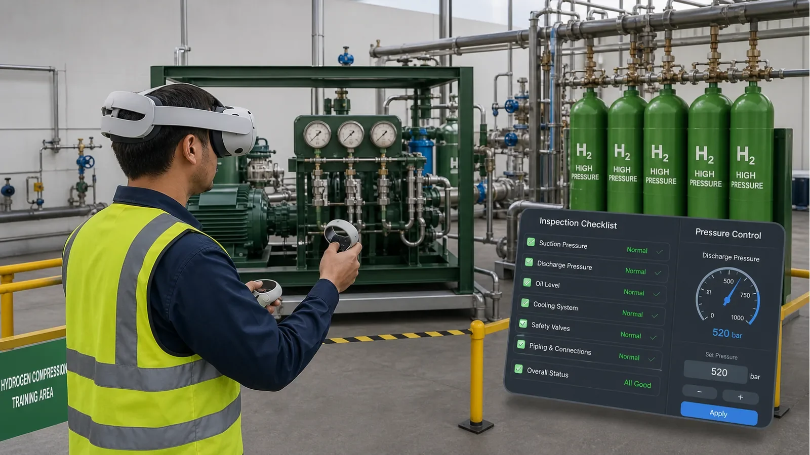 Simulation-based learning on hazardous equipment: a trainee in a VR headset practising a hydrogen compression procedure beside high-pressure cylinders
