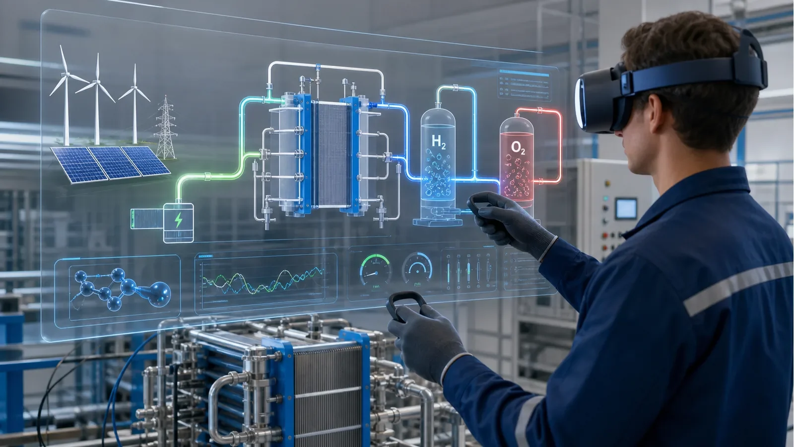 Validating an operational twin against the real process: an engineer in a headset reviewing electrolysis process data on the plant floor
