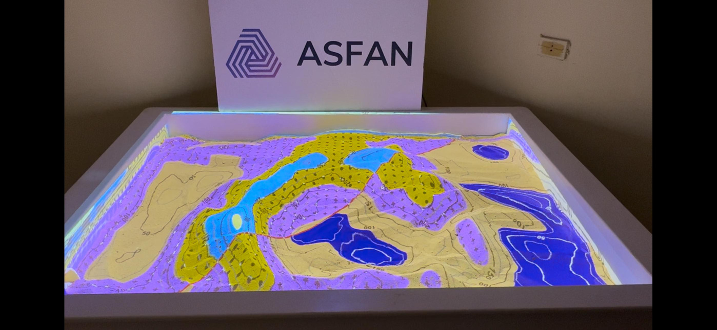 ASFAN AR sandbox projecting a colored topographic map onto real sand