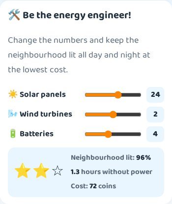 The Be the energy engineer panel with sliders for panels, turbines and batteries and a star rating for the day