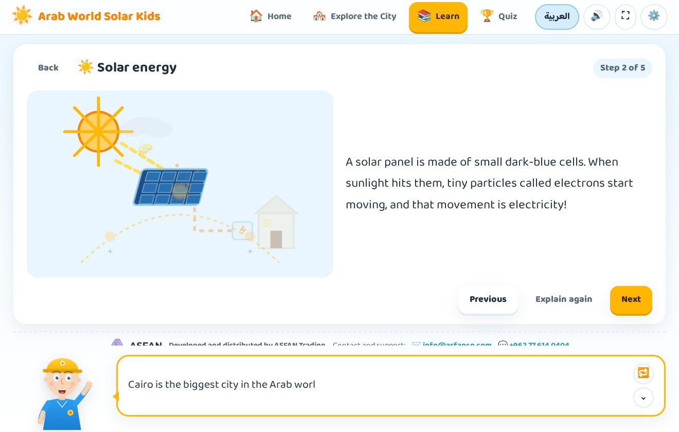 The solar energy lesson in Arab World Solar Kids Digital Twin, with an illustration that changes at each step and Next, Previous and Explain again buttons