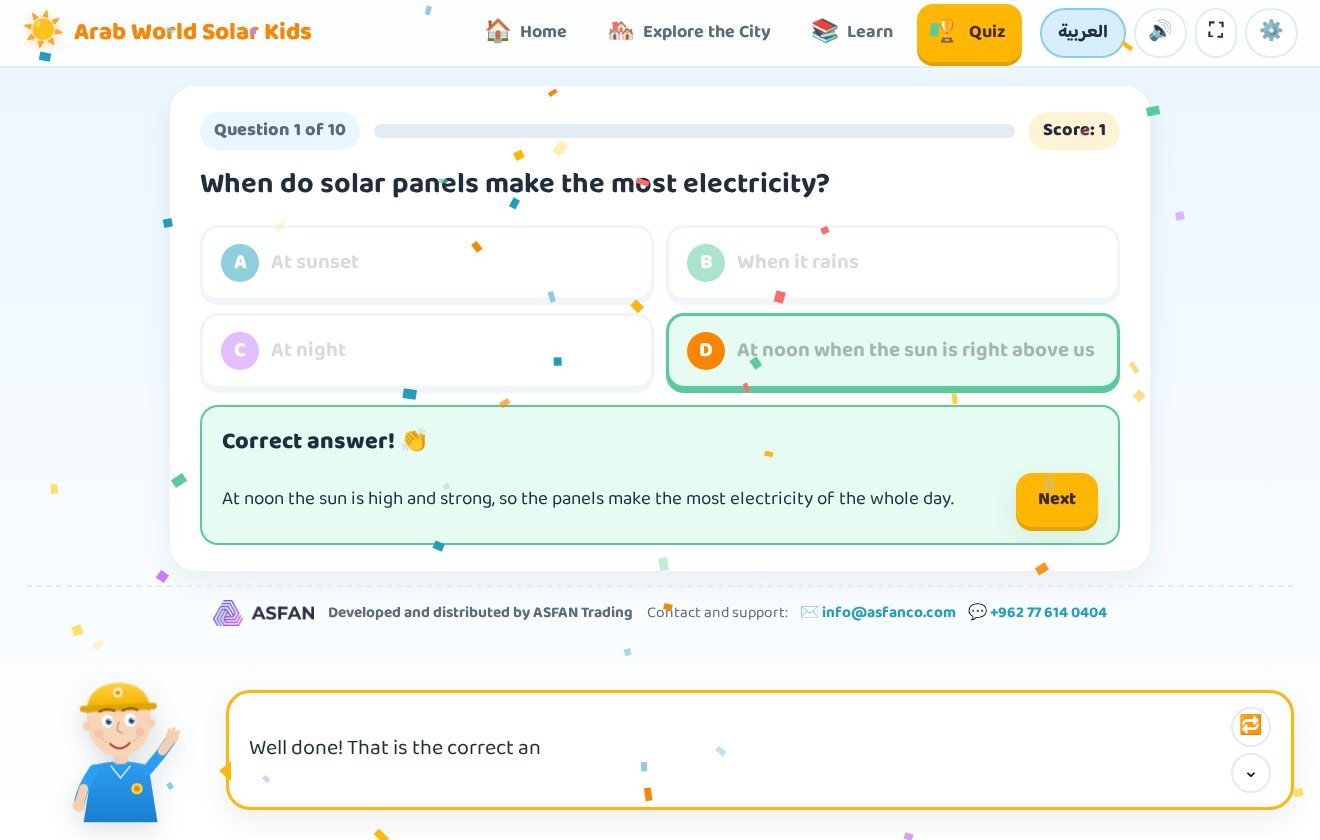 A correct answer in Arab World Solar Kids Digital Twin: the option turns green with an explanation