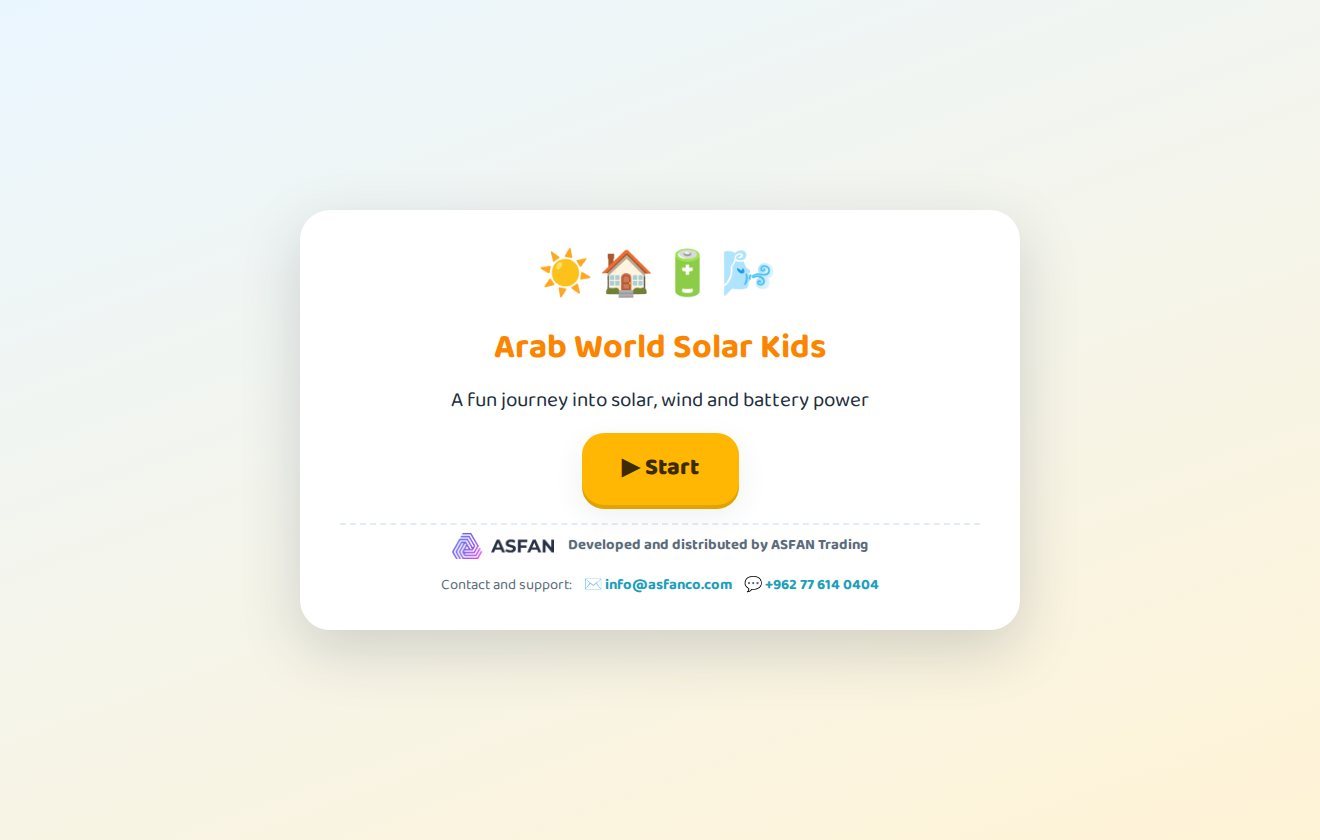 The start screen of Arab World Solar Kids Digital Twin with the Start button
