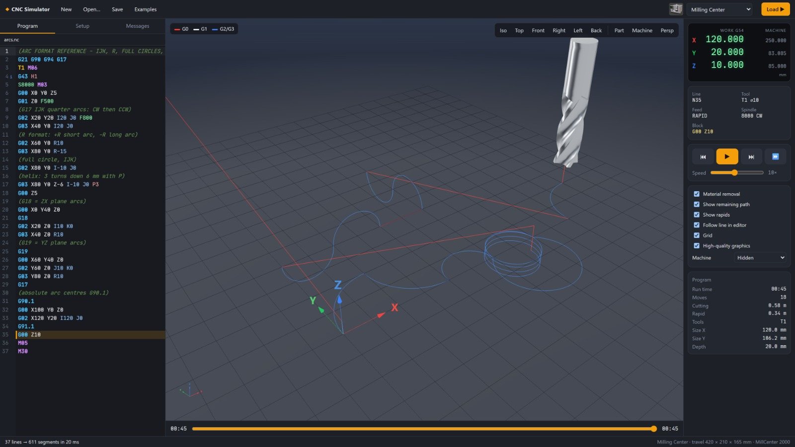 G-code arcs, full circles and a helix drawn as a toolpath