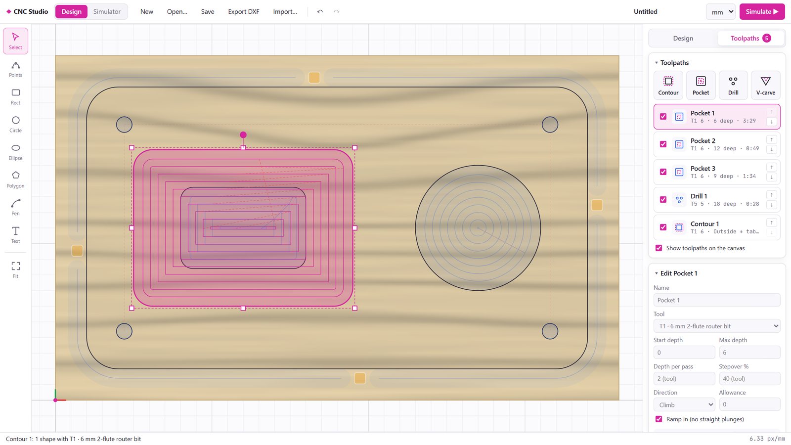 ASFAN CNC Studio Design with pocket and contour toolpaths