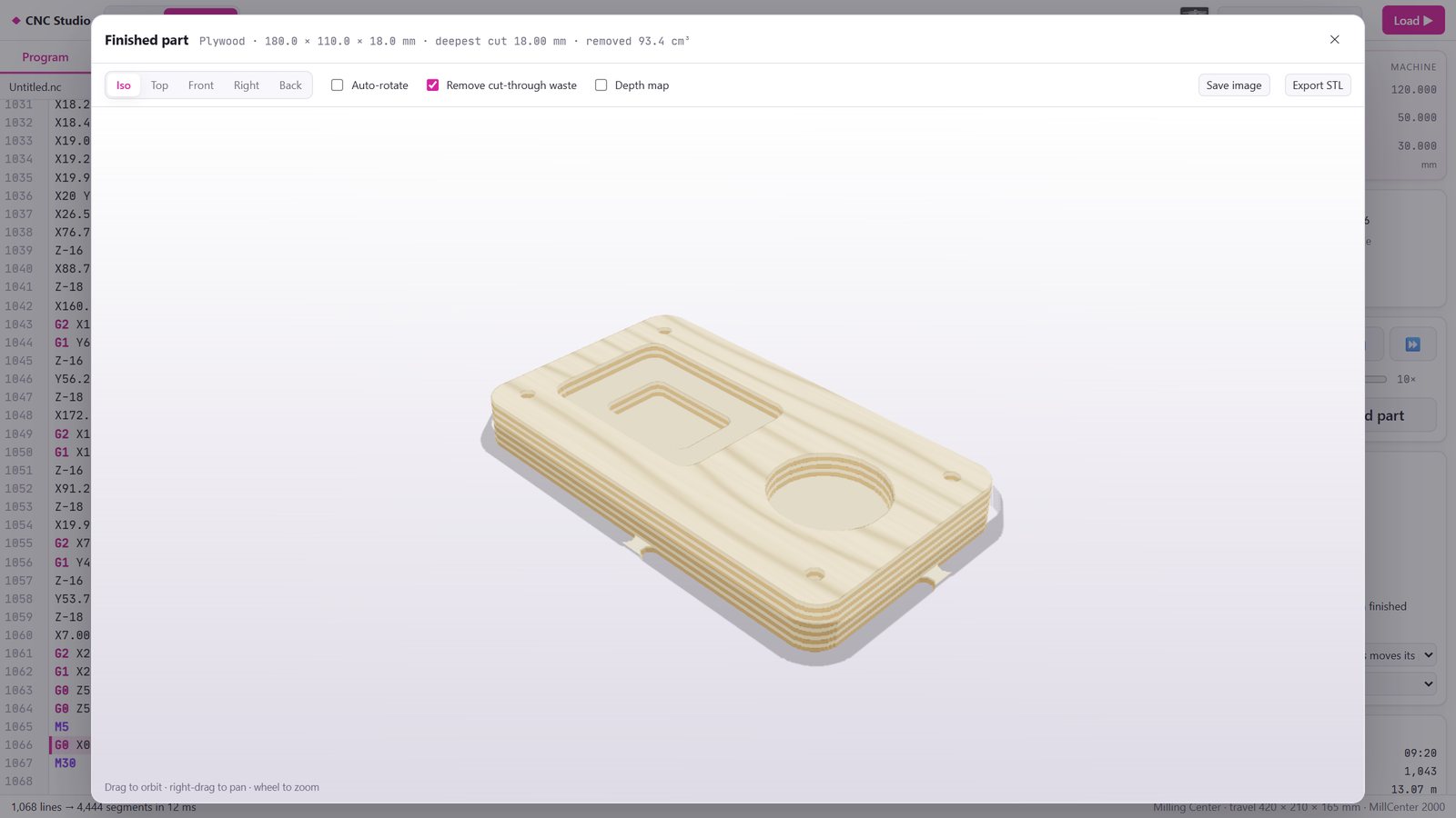 Finished part viewer showing the machined plate