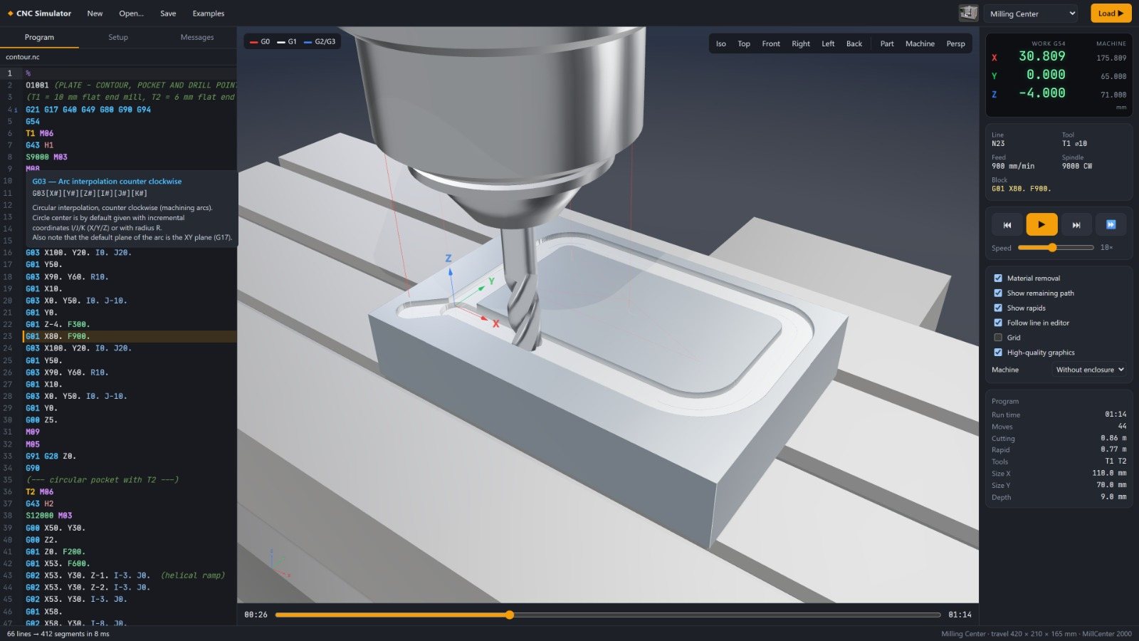 Hover help for a G-code in the editor of ASFAN CNC Studio
