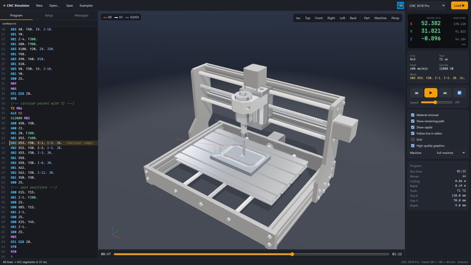 CNC 3018 Pro desktop machine simulated in ASFAN CNC Studio