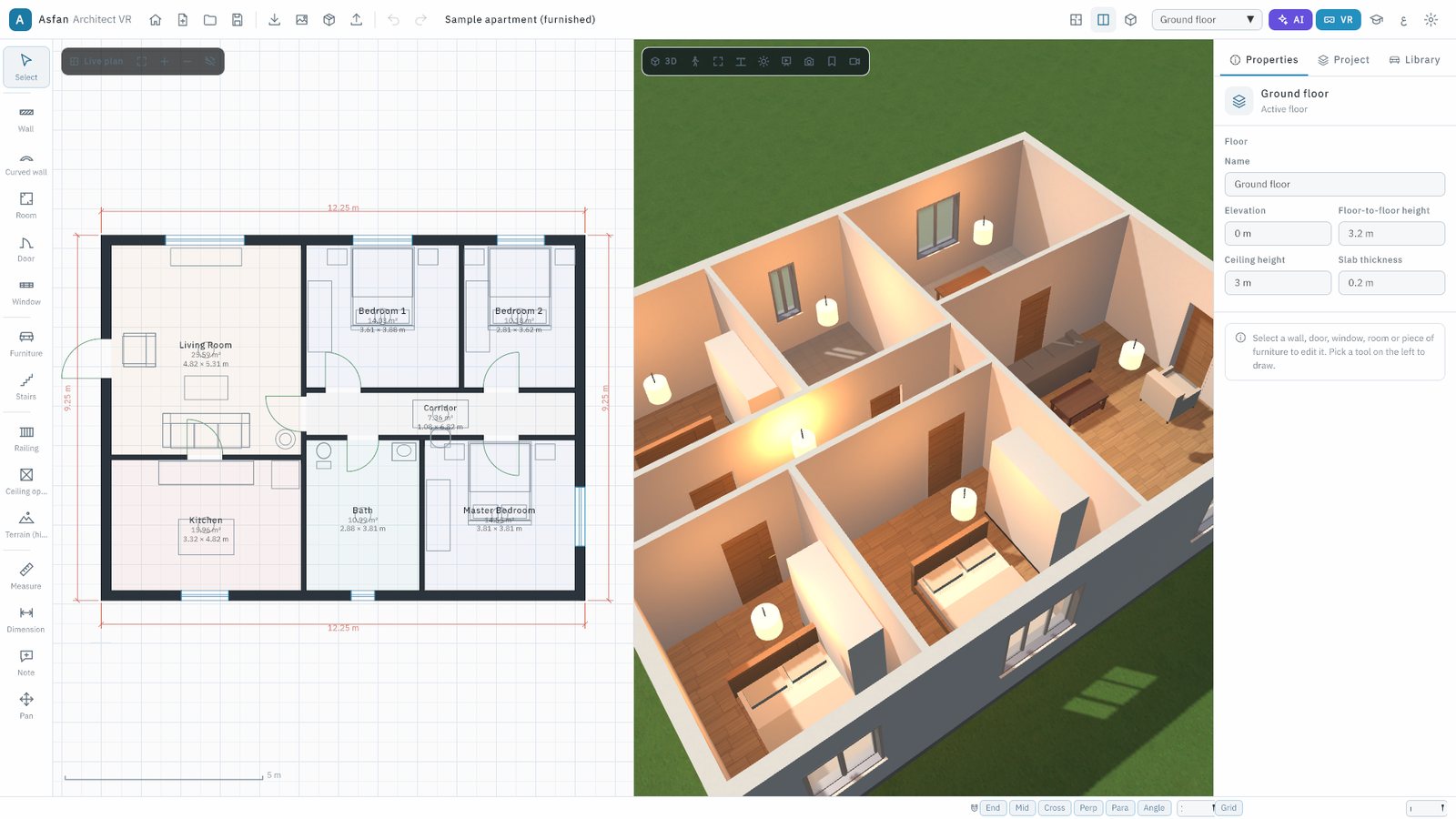 BIM Architect VR: a furnished apartment drawn in 2D on the left and shown live in 3D on the right