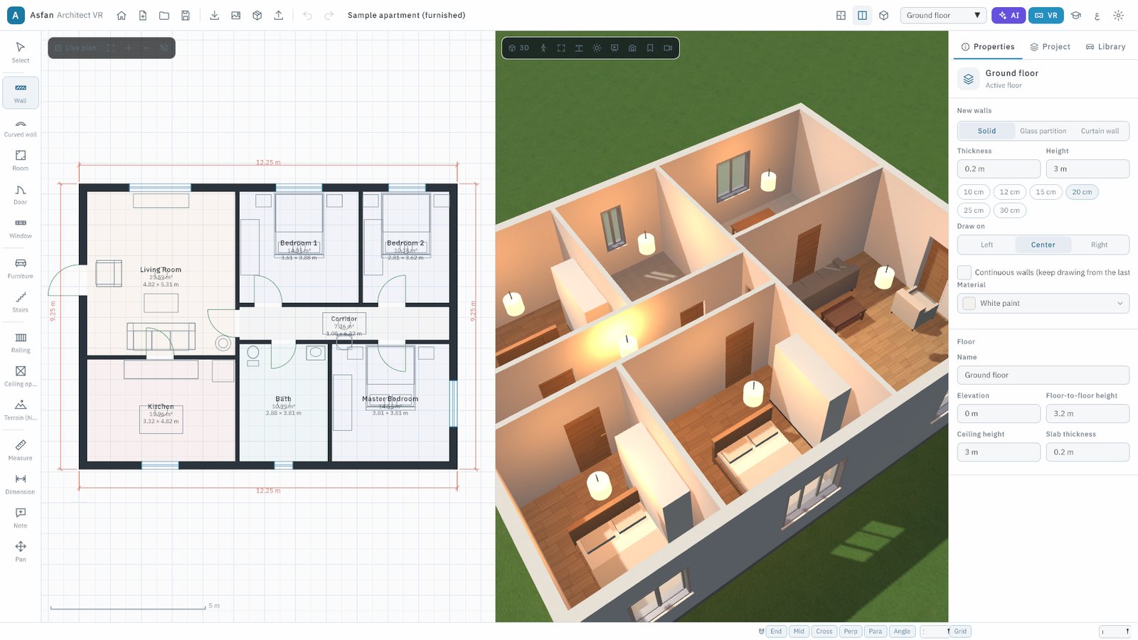 Drawing walls, with the wall tool options in the Properties panel