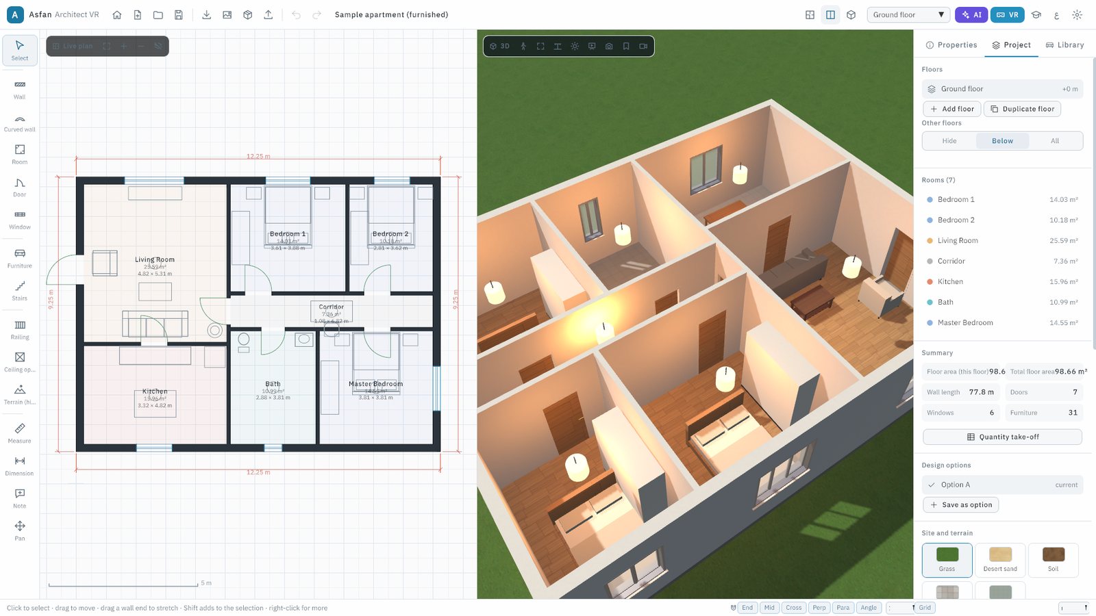 The Project panel with floors, rooms, totals, design options and site