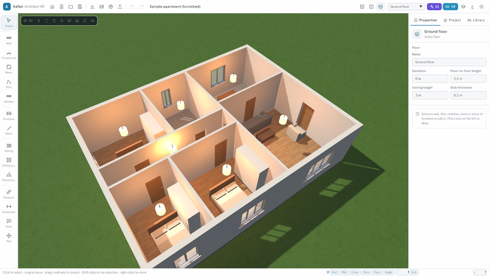 The 3D view of a furnished apartment in BIM Architect VR