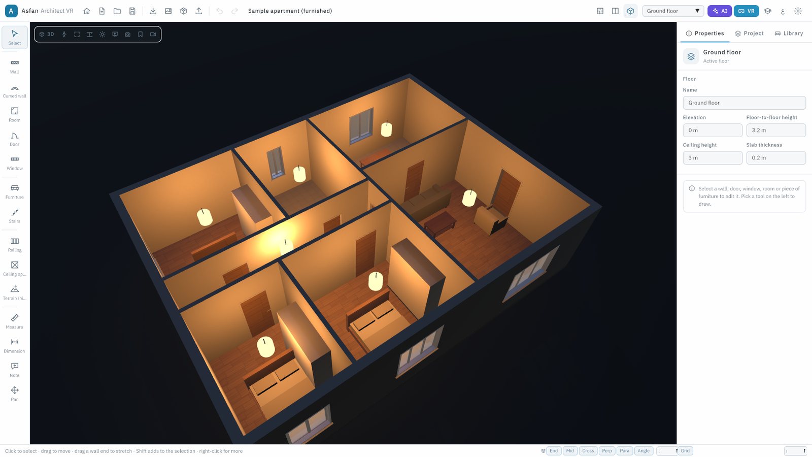 The apartment at night with the light fixtures switched on