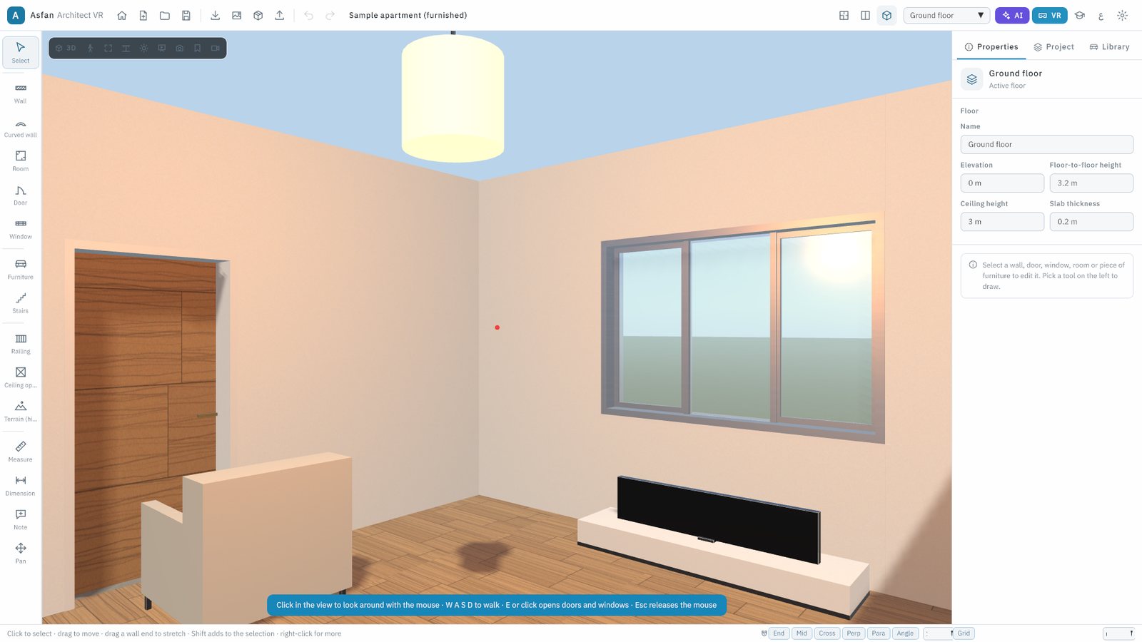 Walk mode inside a furnished room in BIM Architect VR, with the red dot used to open doors and windows