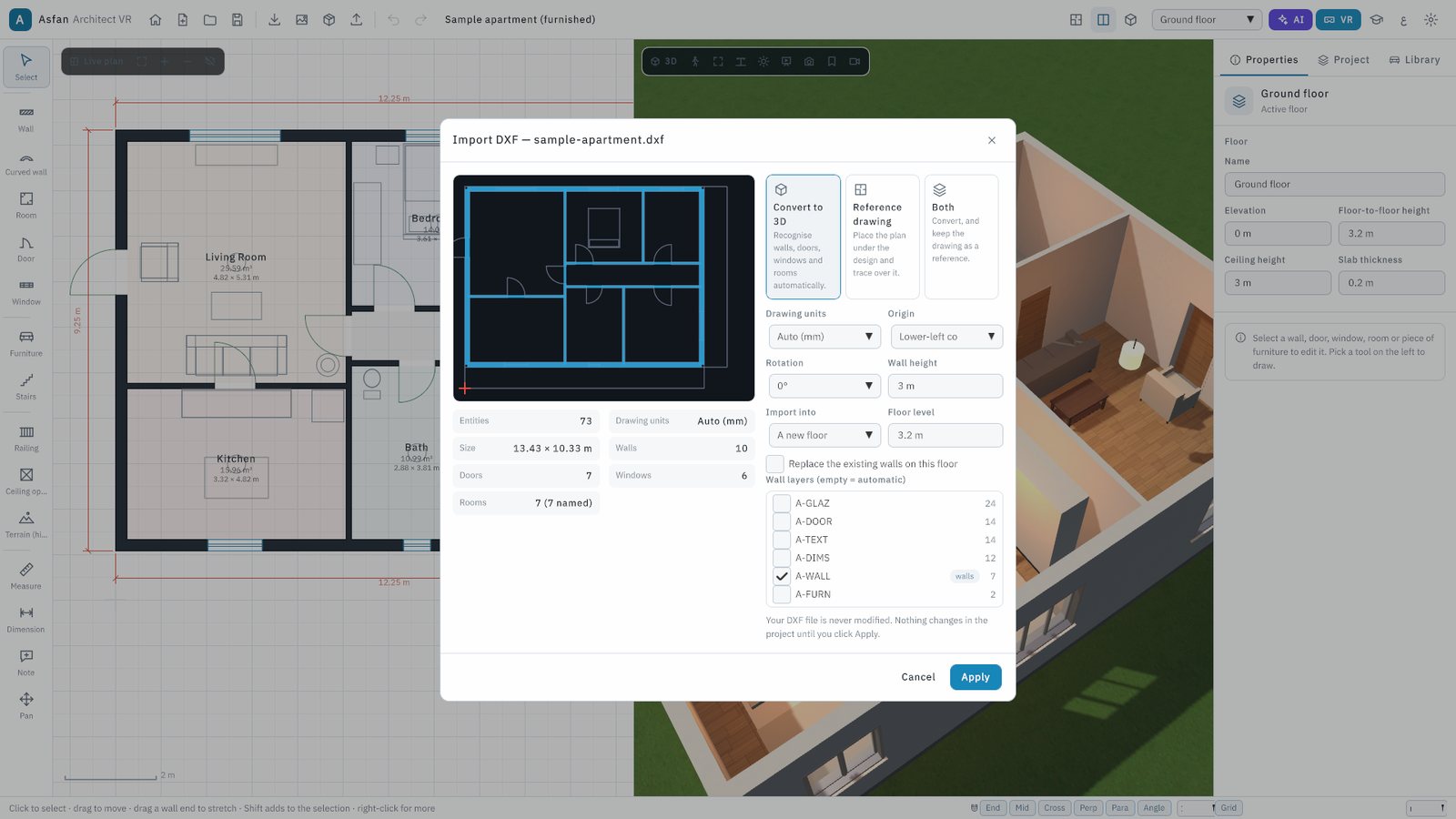 The DXF / DWG import dialog of BIM Architect VR with a preview and the recognised walls, doors, windows and rooms