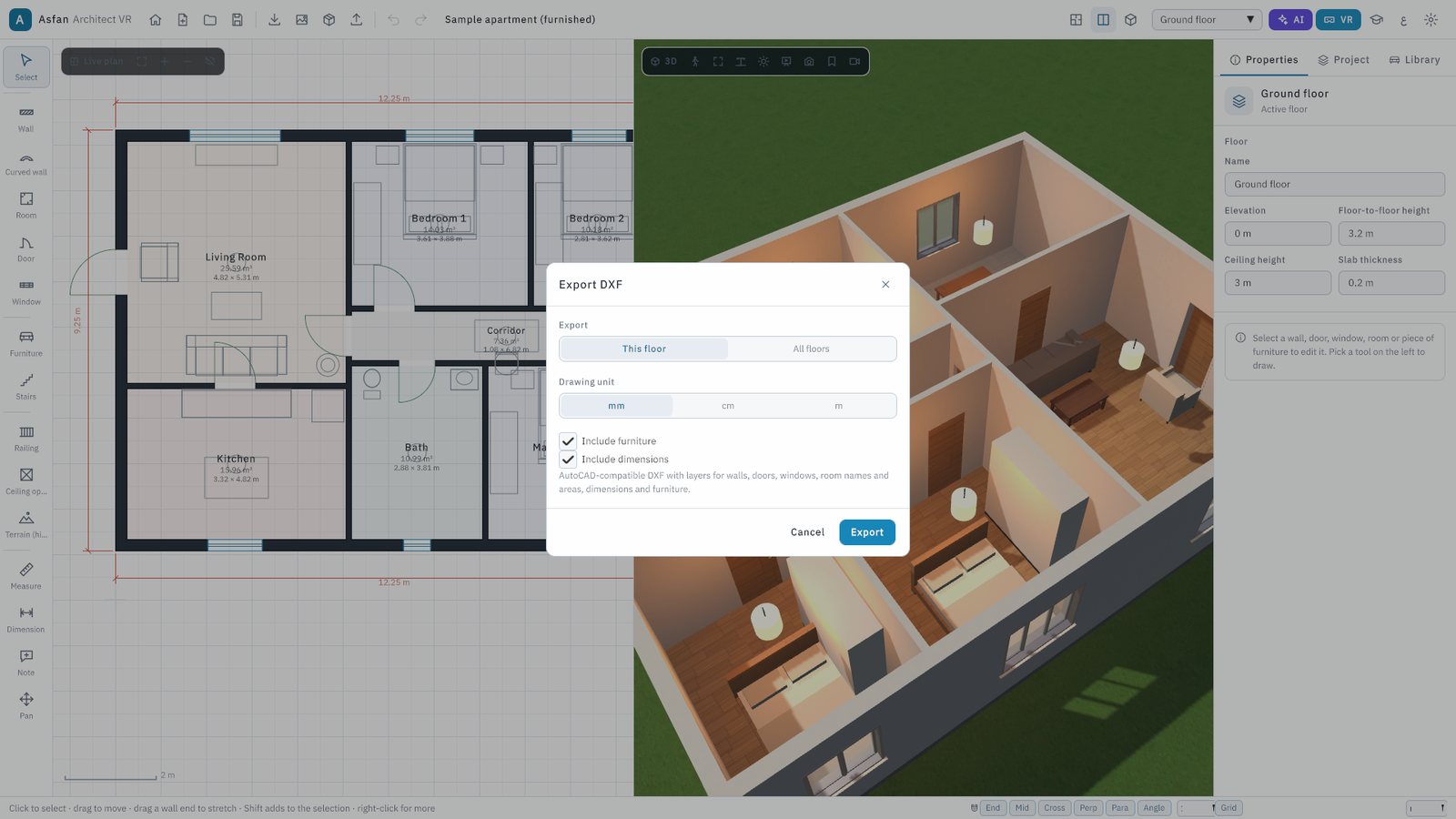 The DXF export dialog