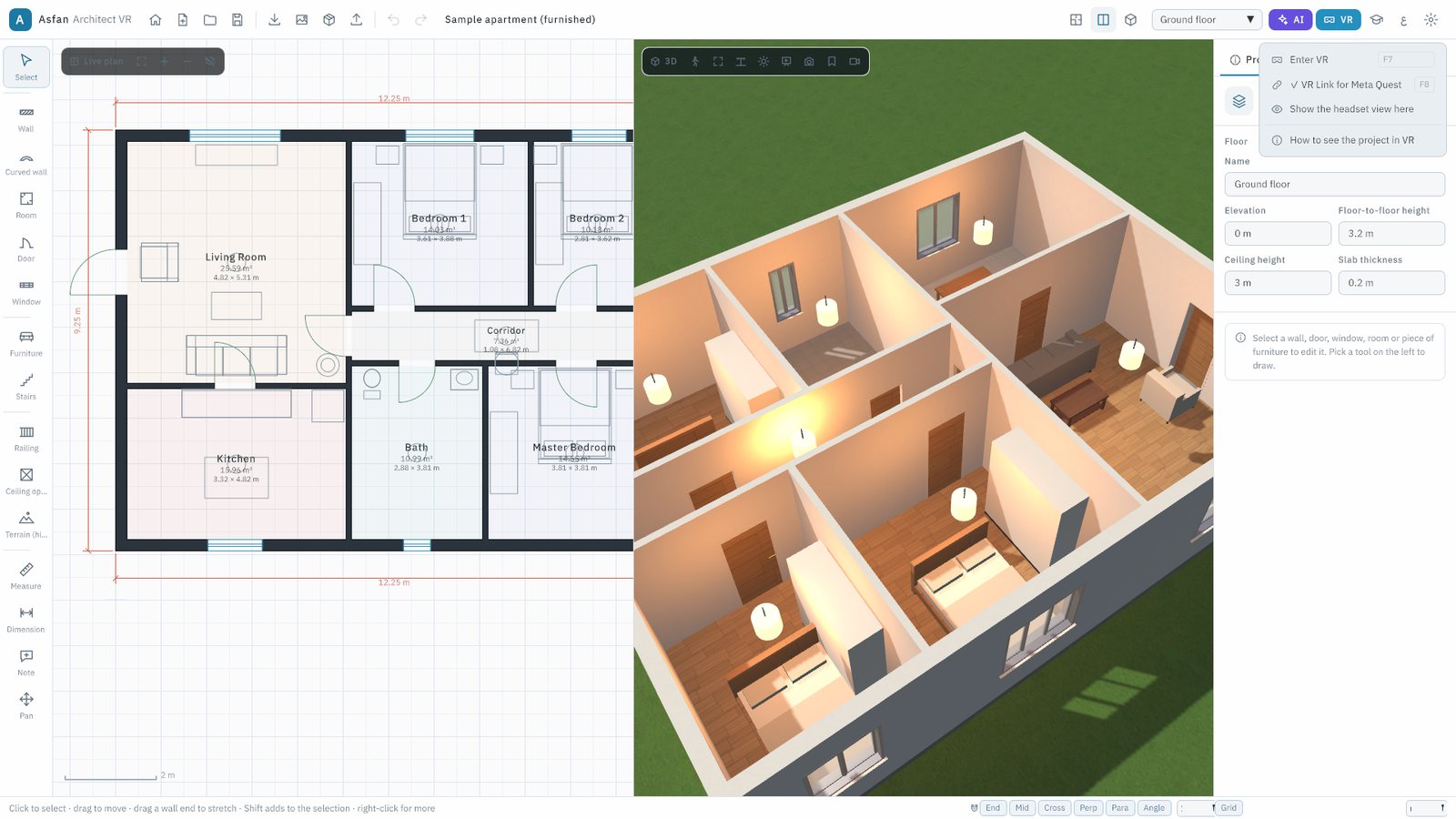The VR menu of BIM Architect VR with Enter VR (F7) and VR Link (F8)