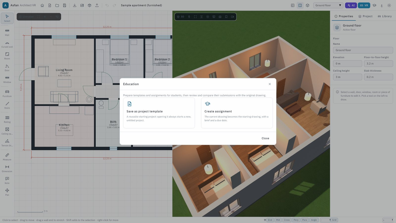 Education mode with project templates and assignments