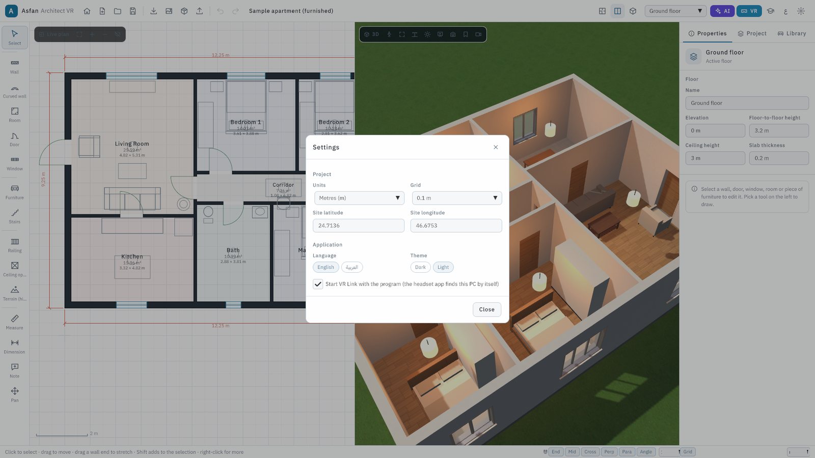 The settings with language, units, grid and project location
