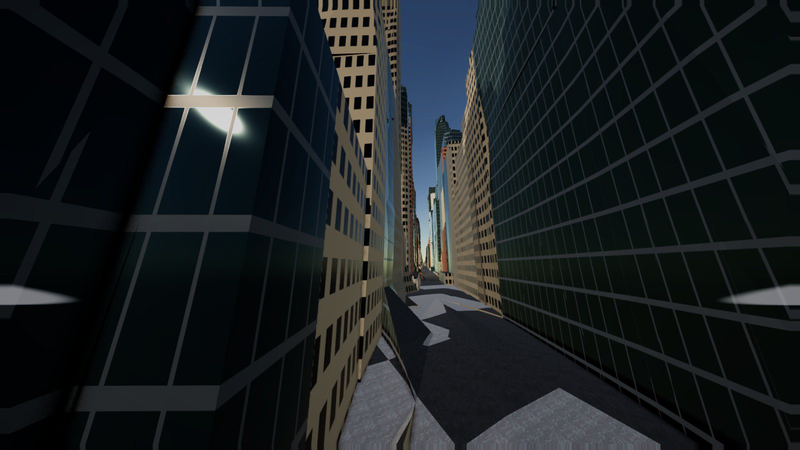 First-person dive down the Broadway canyon between skyscrapers