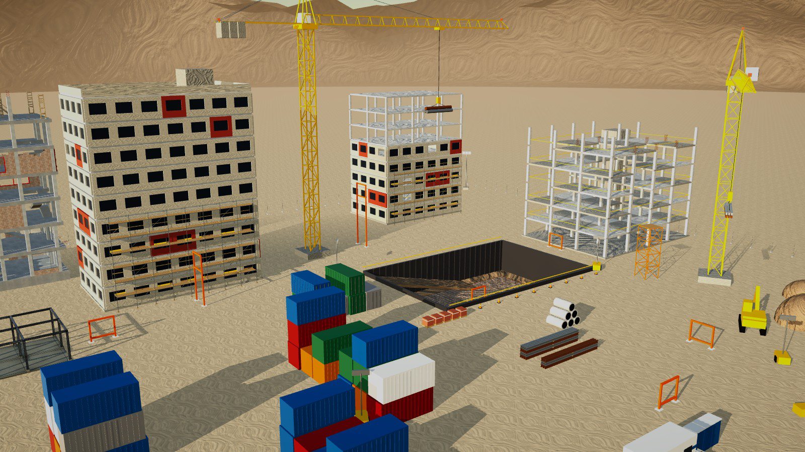 The Construction Site environment with tower cranes and containers