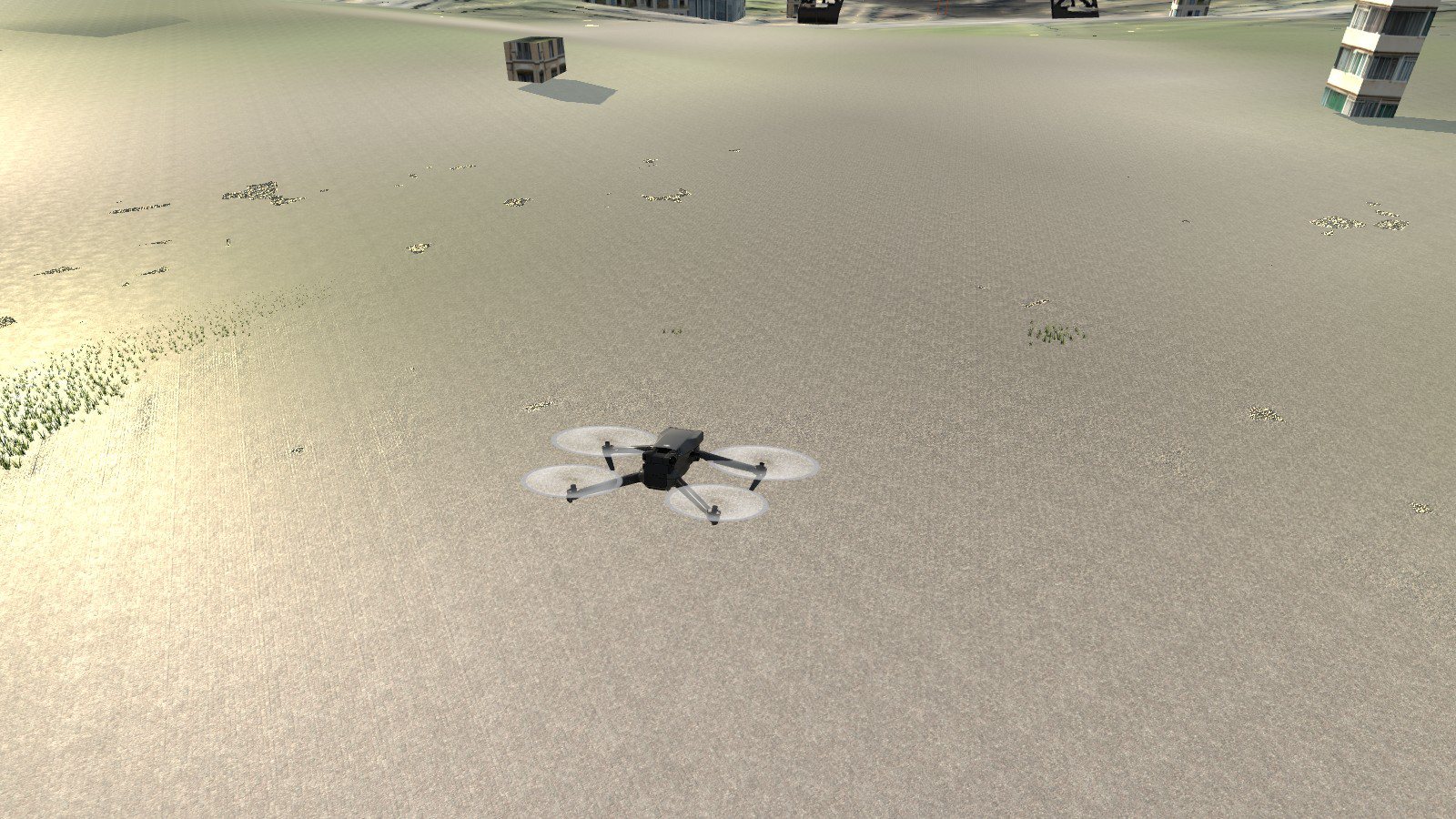 A drone flying low over photo-scanned ground textures