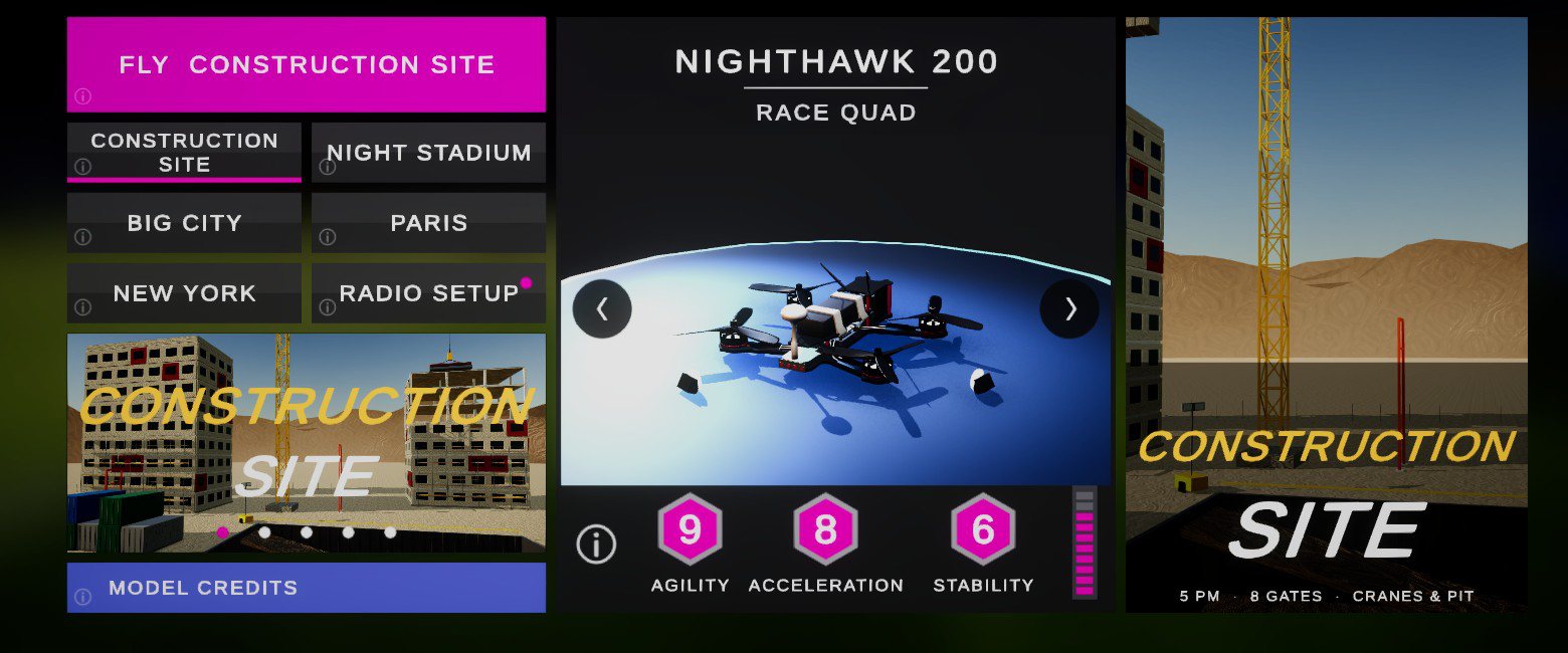 The ASDroneSim home screen with the five environments, the drone showcase and the FLY button