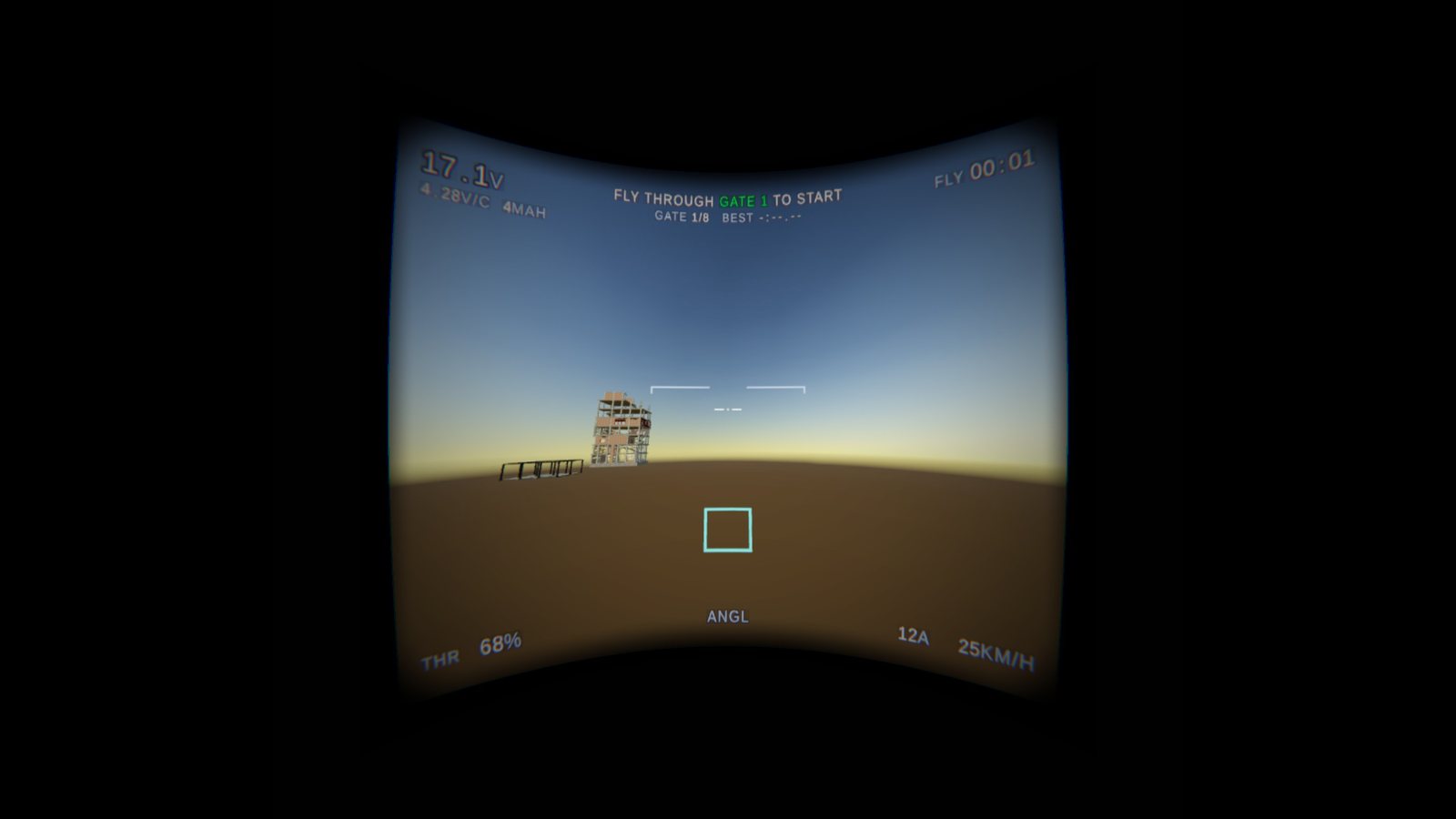 The curved FPV goggle view shown in a Meta Quest headset