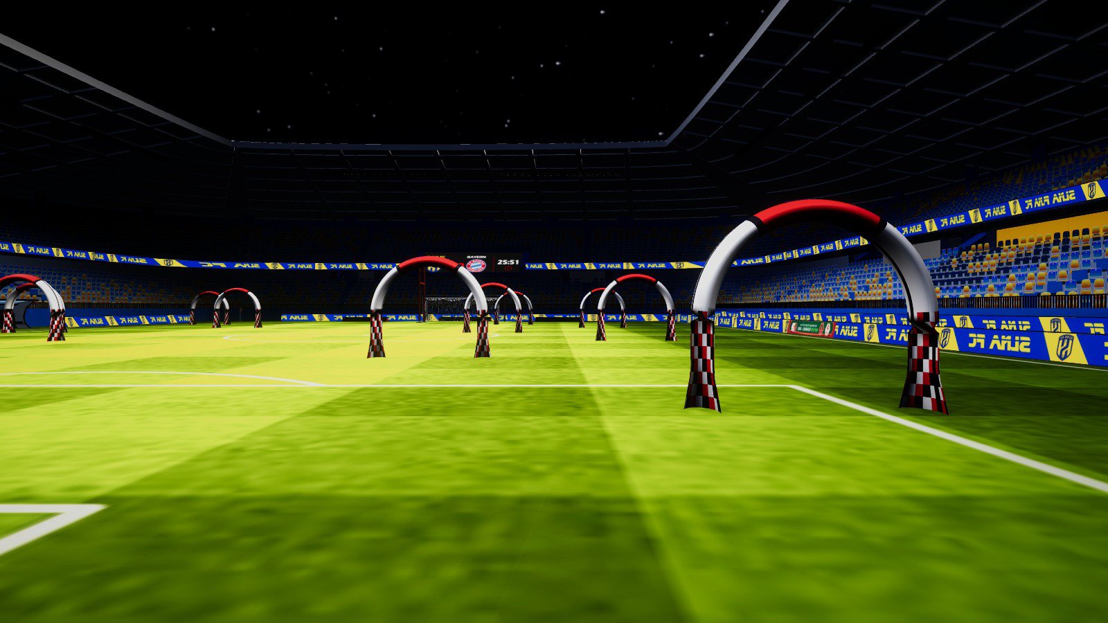 The floodlit Night Stadium with inflatable arch gates