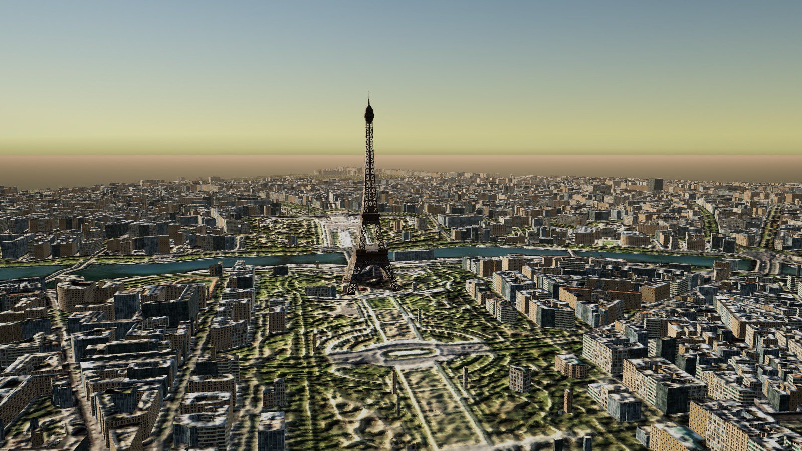Aerial view of central Paris at real scale with the Eiffel Tower