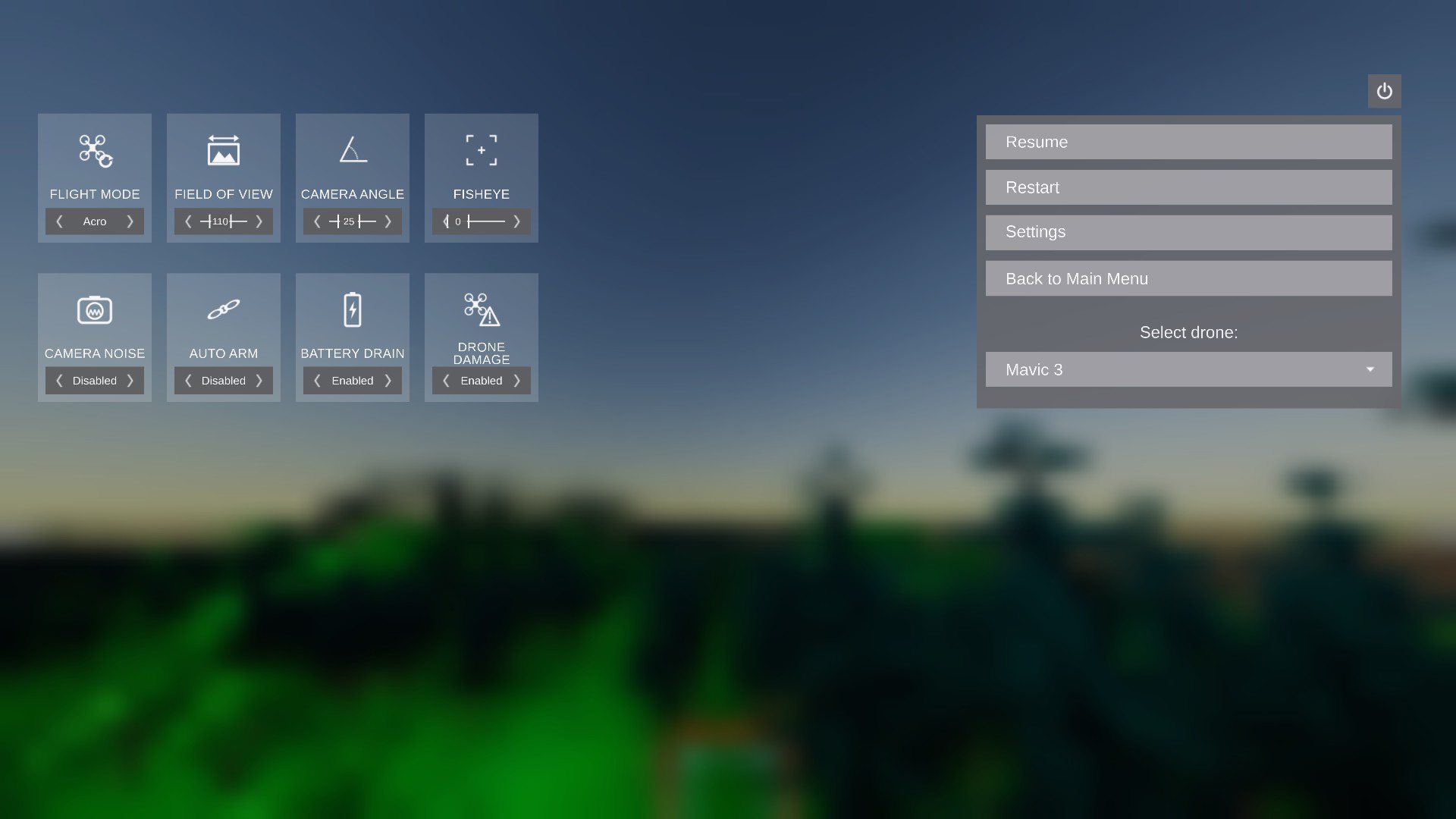 The in-flight pause menu with flight mode, camera and battery options