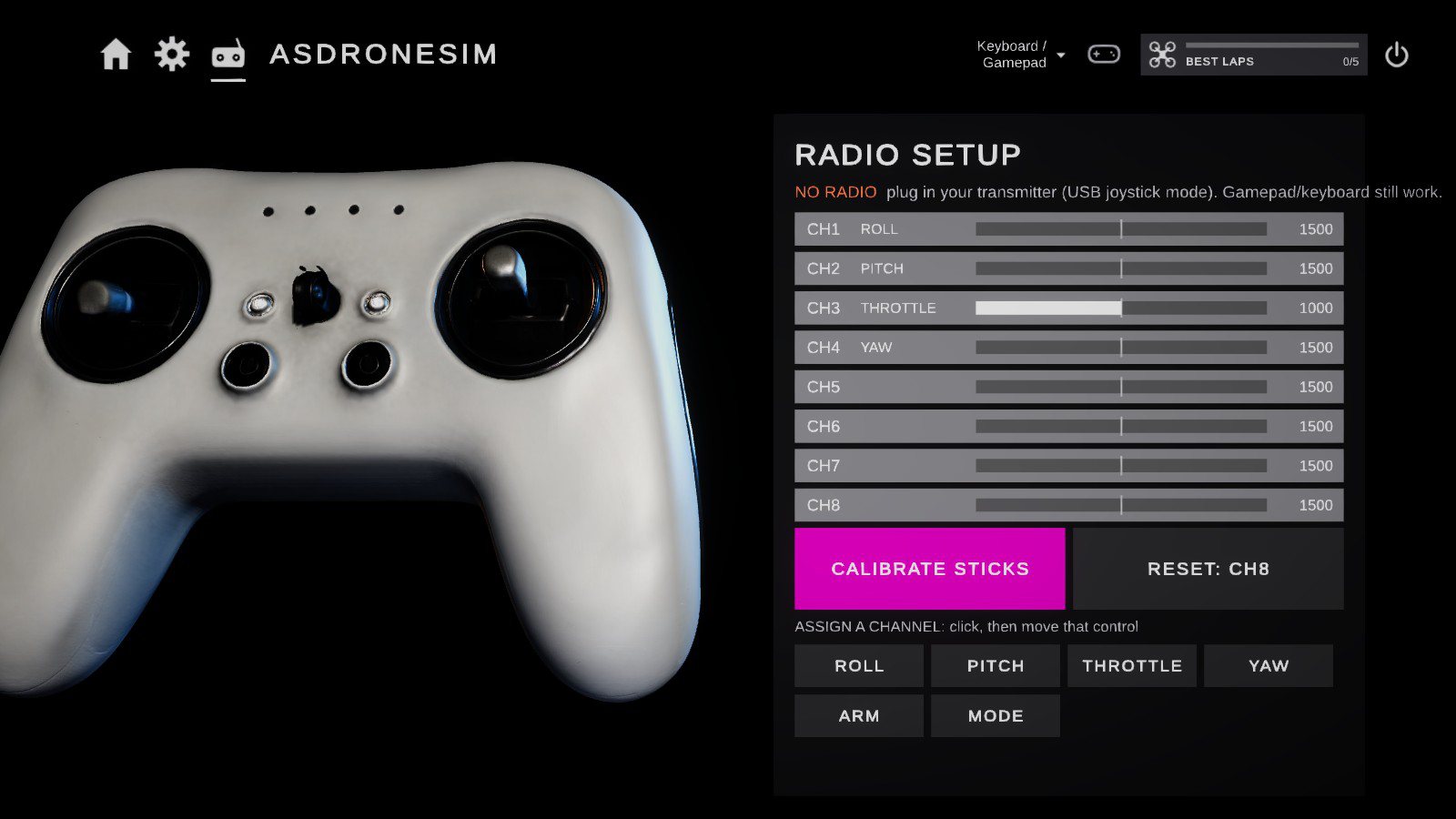 The radio setup screen with a 3D transmitter model and eight live channel bars