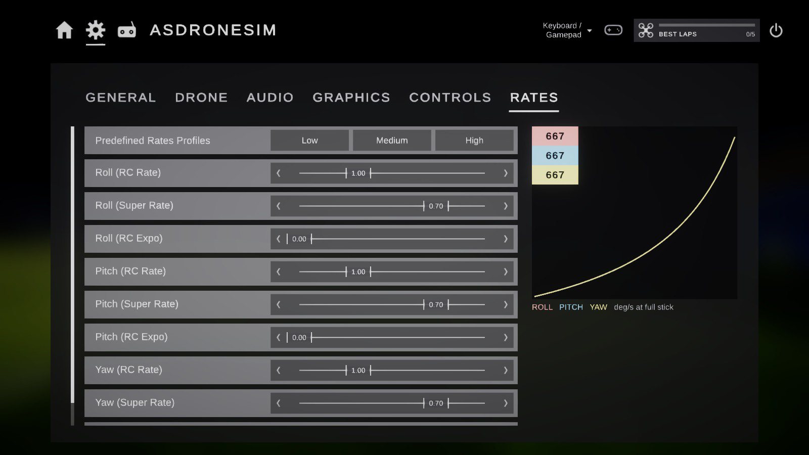 The rates settings tab with RC rate, super rate, expo and a live rate curve