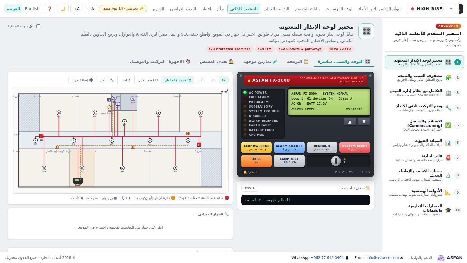 المختبر الذكي مع لوحة إنذار حريق معنونة ومخططات المبنى وحلقة SLC