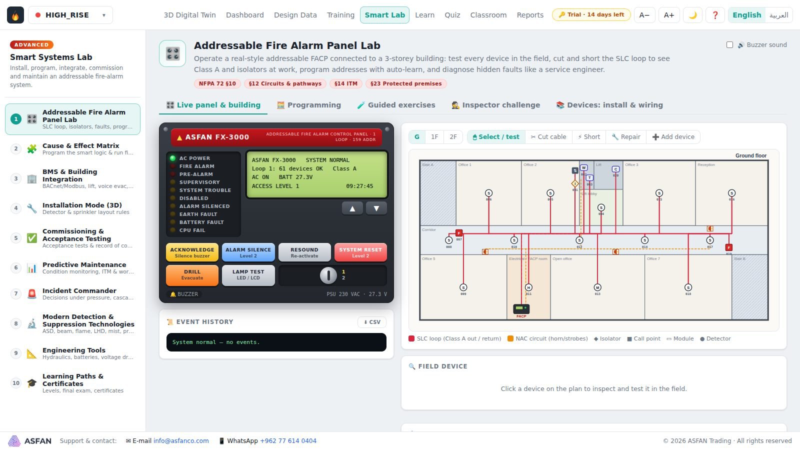 The Smart Systems Lab with an addressable fire alarm panel, building plans and the SLC loop