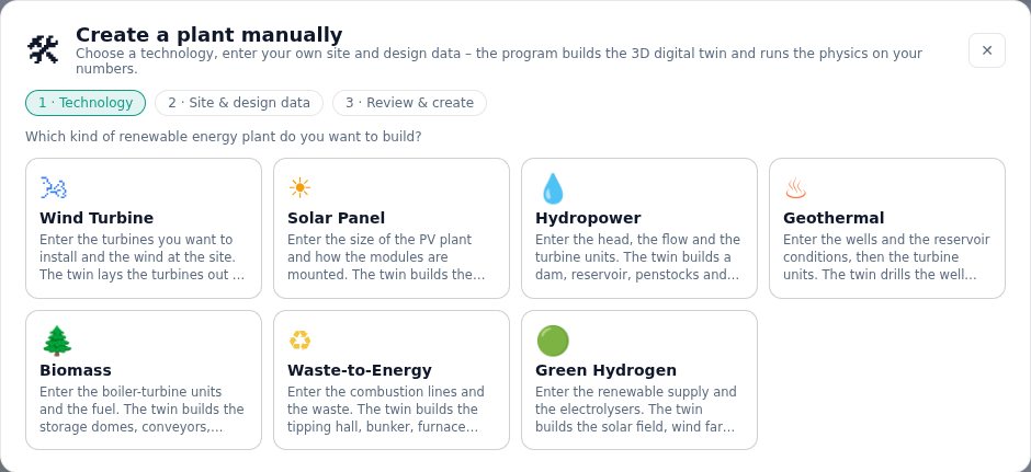 Step one of the plant builder: choosing one of the seven technology cards