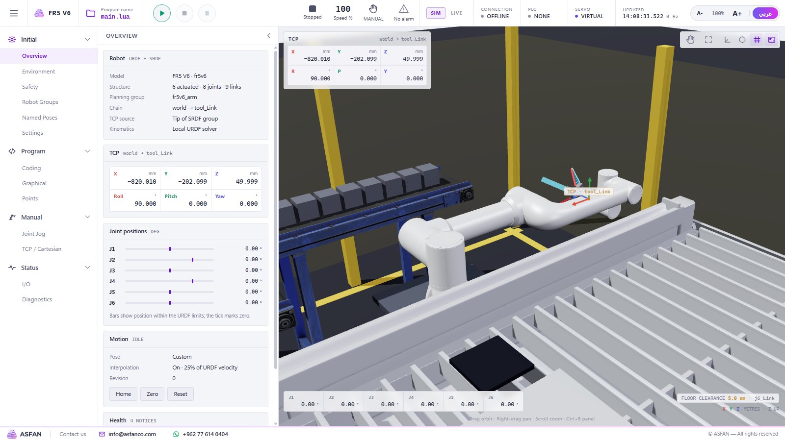 The robot arm digital twin main window with navigation, 3D view, TCP readout and joint values